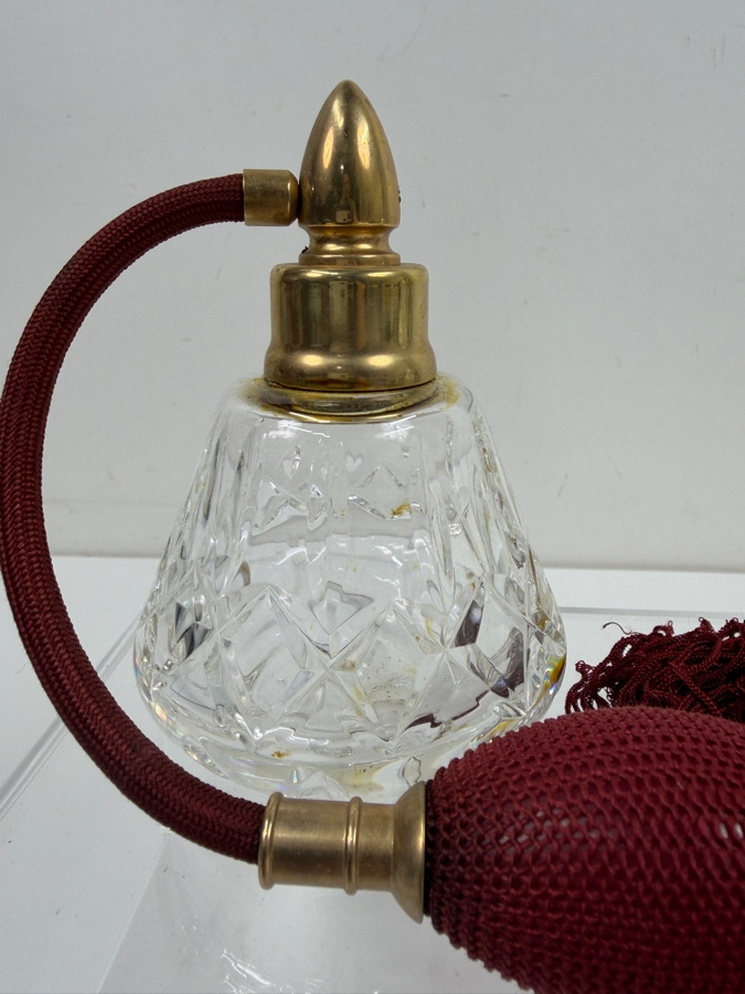 Just Added - Vintage Waterford Lismore Crystal Perfume Atomizer Bottle With Burgundy Bulb And Tassel / Art Deco Pressed Glass Perfume Bottle With Large Fleur De Lis Fan Stopper 4.5' - 5.25'H [Photo 3]