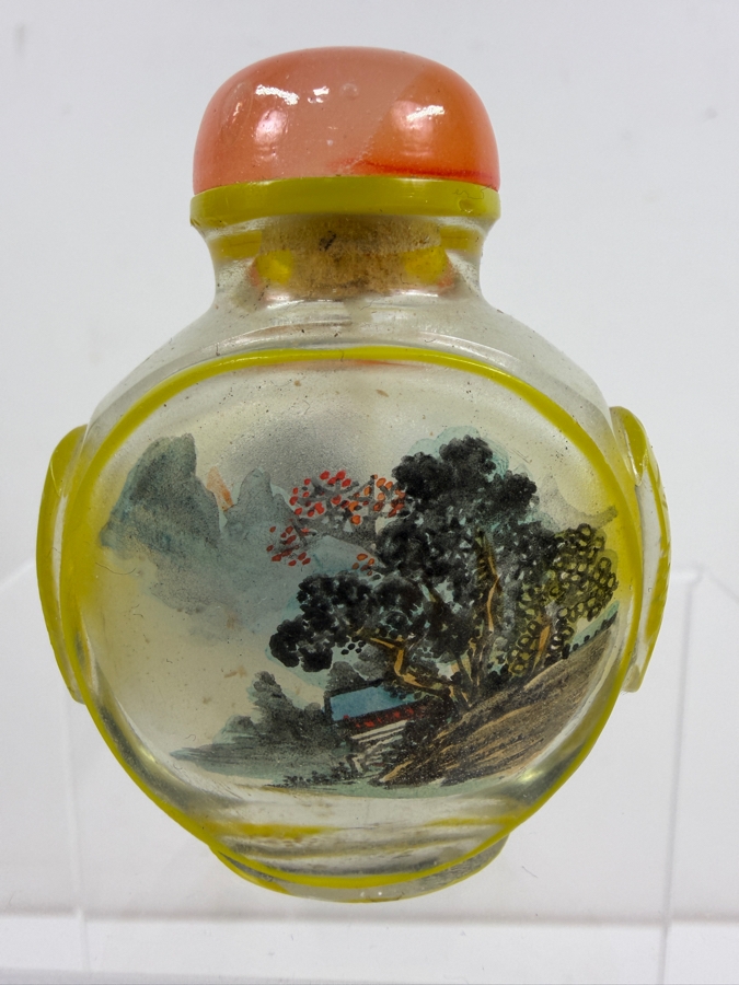 Just Added - Vintage Chinese Reverse Painted Glass Snuff Bottle With Yellow Overlay And Red Stopper 2'H [Photo 4]