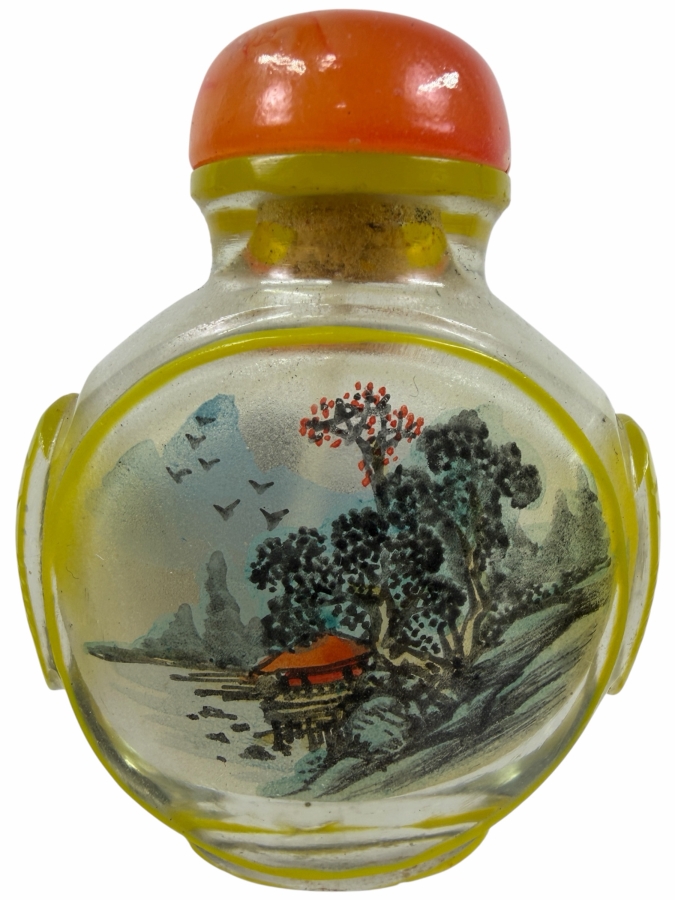 Just Added - Vintage Chinese Reverse Painted Glass Snuff Bottle With Yellow Overlay And Red Stopper 2'H