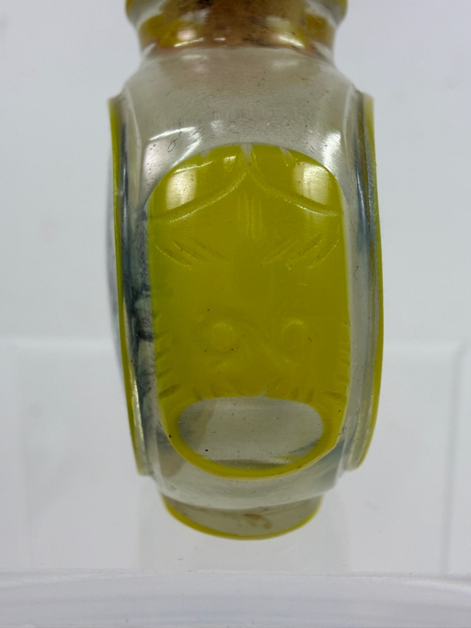 Just Added - Vintage Chinese Reverse Painted Glass Snuff Bottle With Yellow Overlay And Red Stopper 2'H [Photo 3]