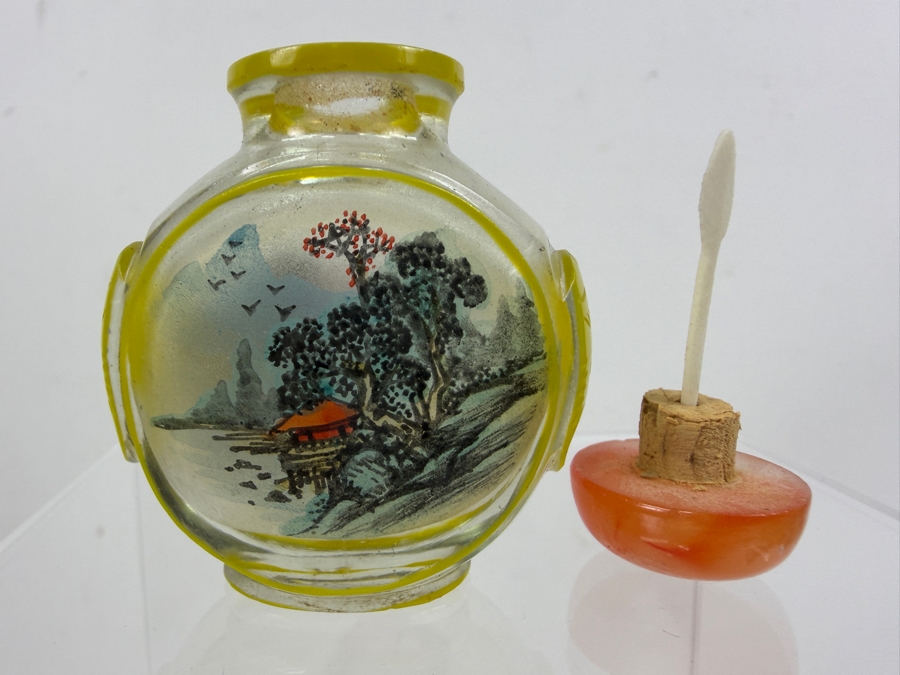 Just Added - Vintage Chinese Reverse Painted Glass Snuff Bottle With Yellow Overlay And Red Stopper 2'H [Photo 6]