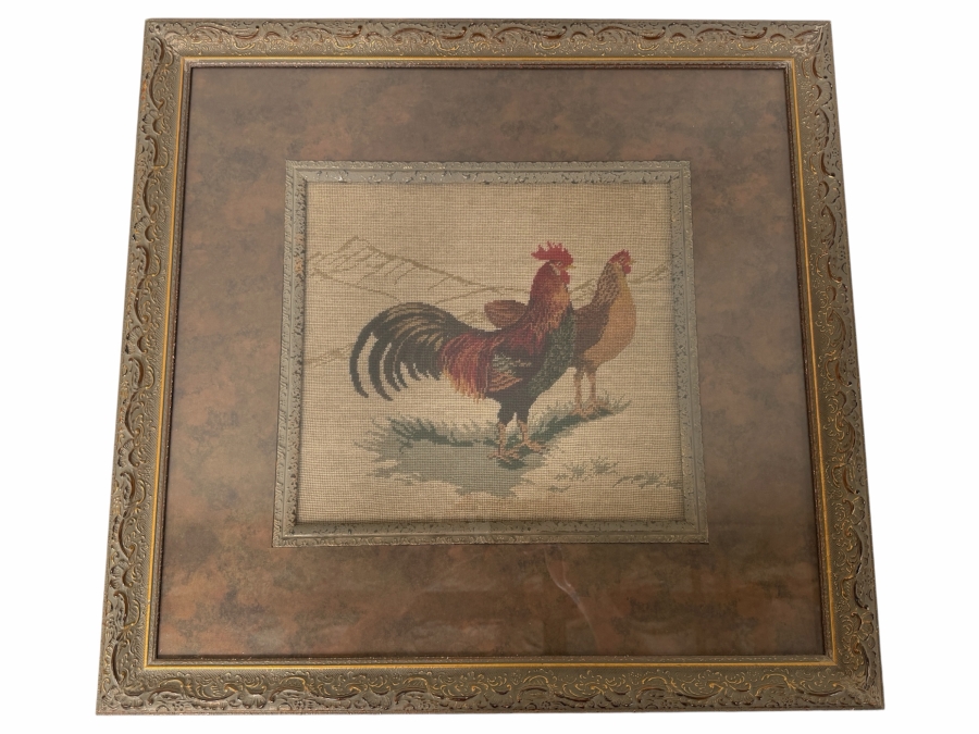 Just Added - Framed Needlepoint Tapestry Featuring A Rooster And Hen 13 X 12 Framed 25 X 24 [Photo 2]