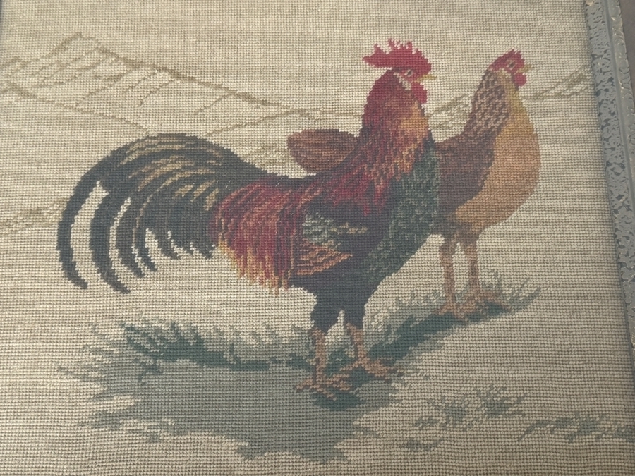 Just Added - Framed Needlepoint Tapestry Featuring A Rooster And Hen 13 X 12 Framed 25 X 24 [Photo 3]