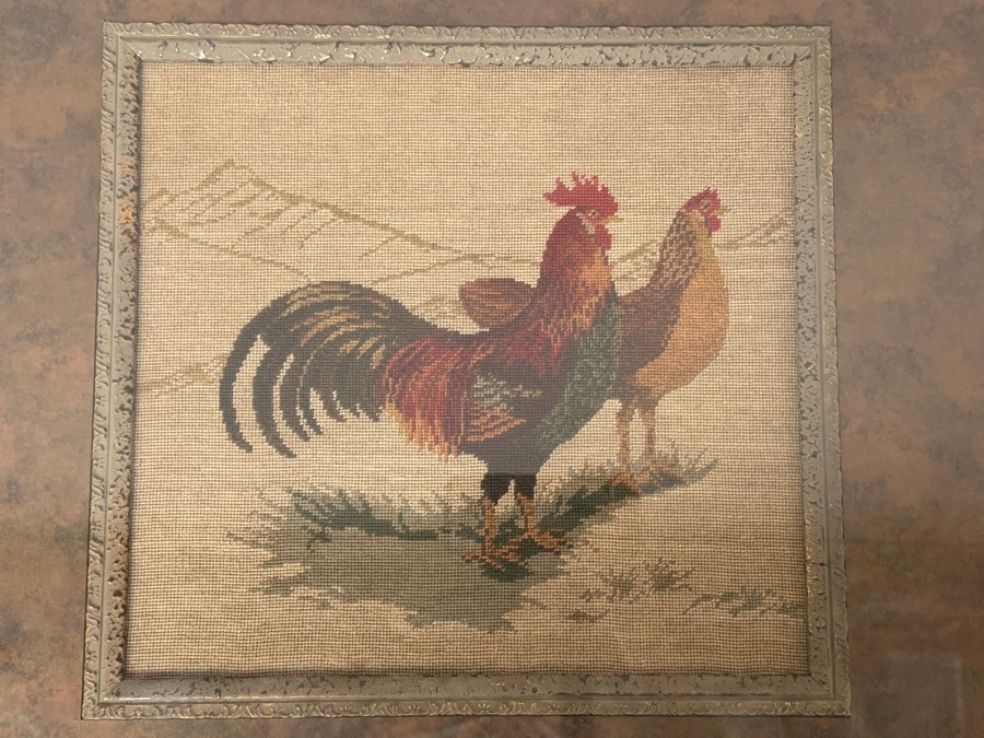 Just Added - Framed Needlepoint Tapestry Featuring A Rooster And Hen 13 X 12 Framed 25 X 24