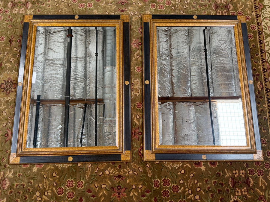 Just Added - Pair Of Beveled Glass Wooden Wall Mirrors