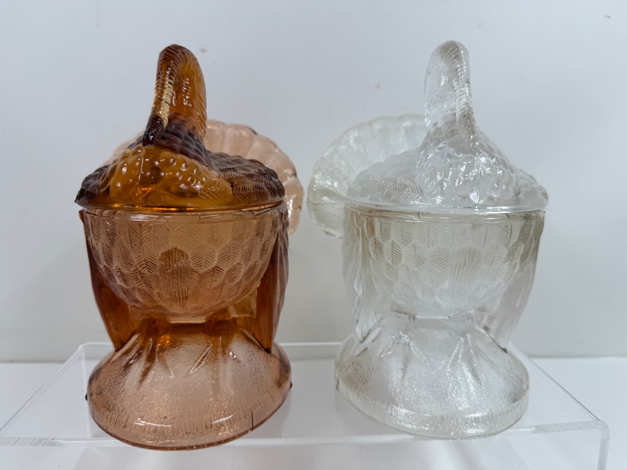 Just Added - Pair Of LE Smith Glass Turkey Candy Dishes 6.5'W X 7'H [Photo 2]