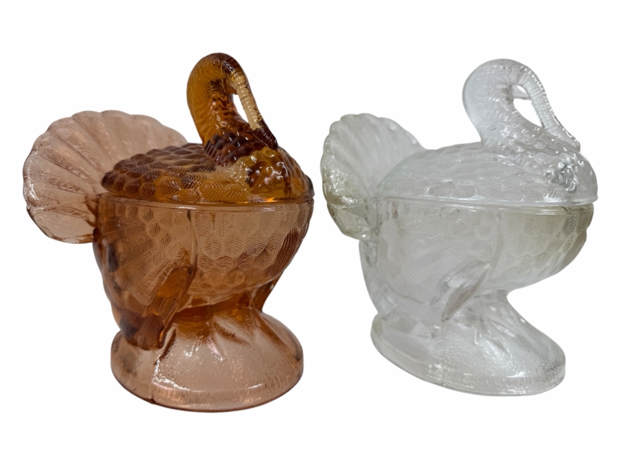 Just Added - Pair Of LE Smith Glass Turkey Candy Dishes 6.5'W X 7'H
