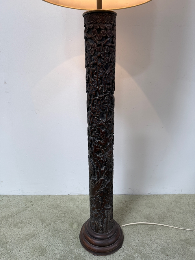 Just Added - Stunning Mid-Century Asian Hand Relief Carved Mahogany Wooden Floor Lamp Featuring Cranes And Butterflies With Original Silk Shade [Photo 8]
