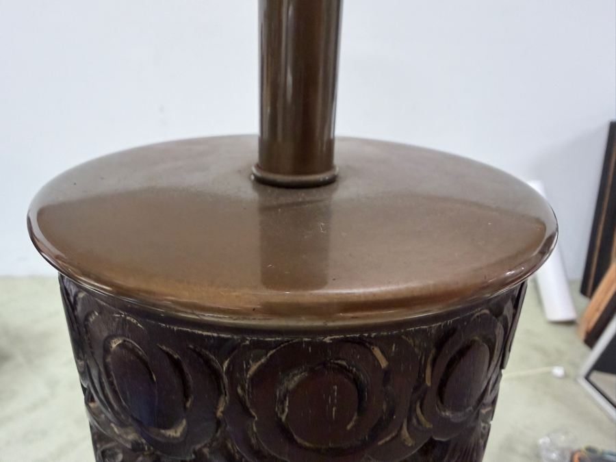 Just Added - Stunning Mid-Century Asian Hand Relief Carved Mahogany Wooden Floor Lamp Featuring Cranes And Butterflies With Original Silk Shade [Photo 12]