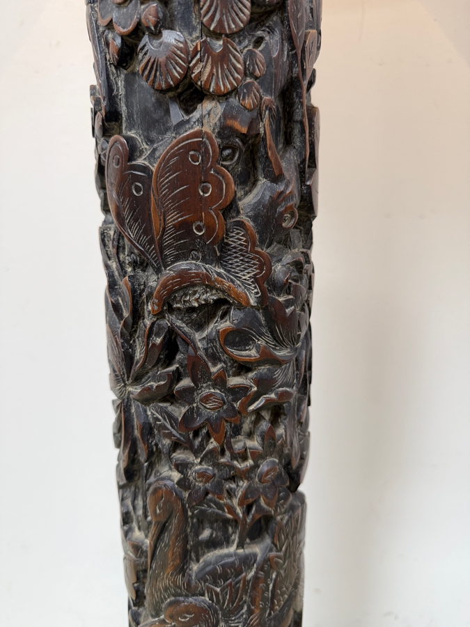 Just Added - Stunning Mid-Century Asian Hand Relief Carved Mahogany Wooden Floor Lamp Featuring Cranes And Butterflies With Original Silk Shade [Photo 4]