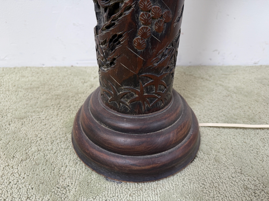 Just Added - Stunning Mid-Century Asian Hand Relief Carved Mahogany Wooden Floor Lamp Featuring Cranes And Butterflies With Original Silk Shade [Photo 6]