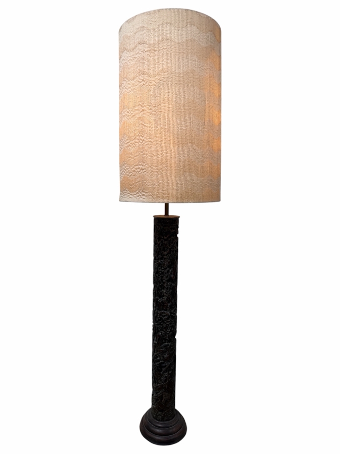 Just Added - Stunning Mid-Century Asian Hand Relief Carved Mahogany Wooden Floor Lamp Featuring Cranes And Butterflies With Original Silk Shade [Photo 2]