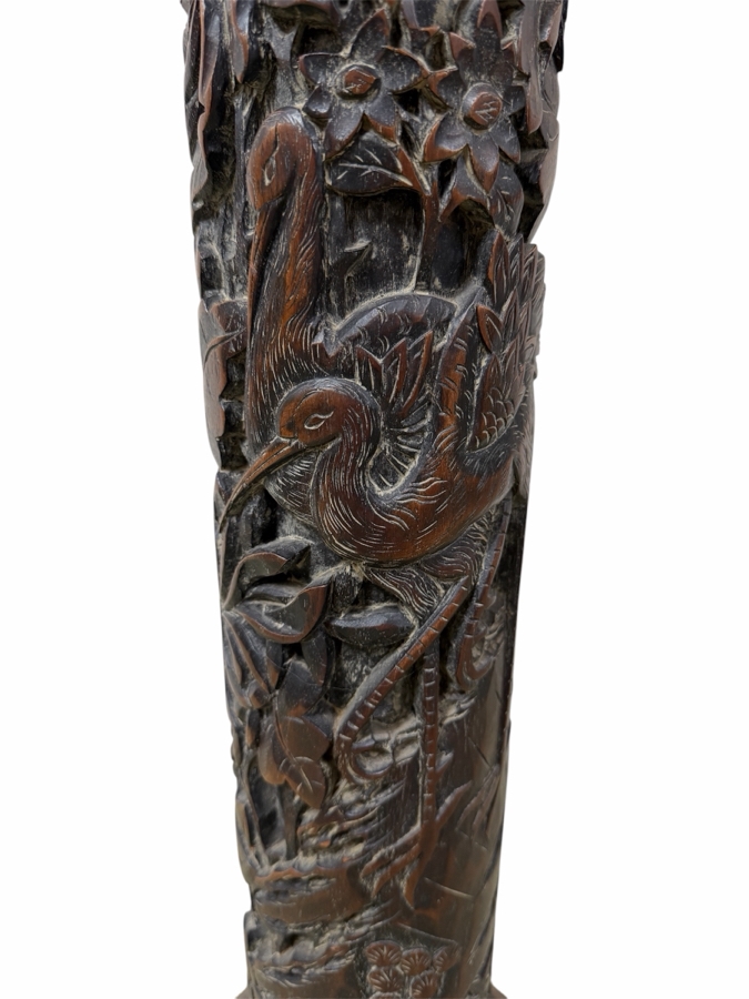 Just Added - Stunning Mid-Century Asian Hand Relief Carved Mahogany Wooden Floor Lamp Featuring Cranes And Butterflies With Original Silk Shade [Photo 3]