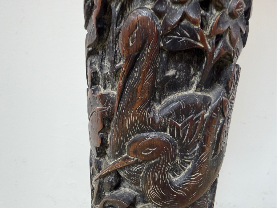 Just Added - Stunning Mid-Century Asian Hand Relief Carved Mahogany Wooden Floor Lamp Featuring Cranes And Butterflies With Original Silk Shade [Photo 7]