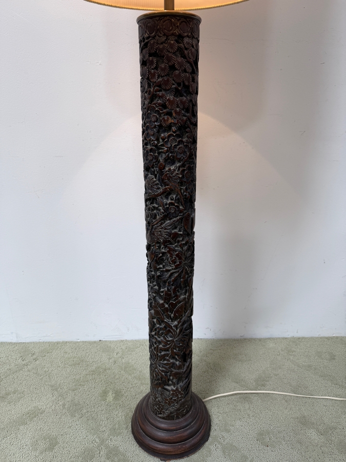 Just Added - Stunning Mid-Century Asian Hand Relief Carved Mahogany Wooden Floor Lamp Featuring Cranes And Butterflies With Original Silk Shade [Photo 9]