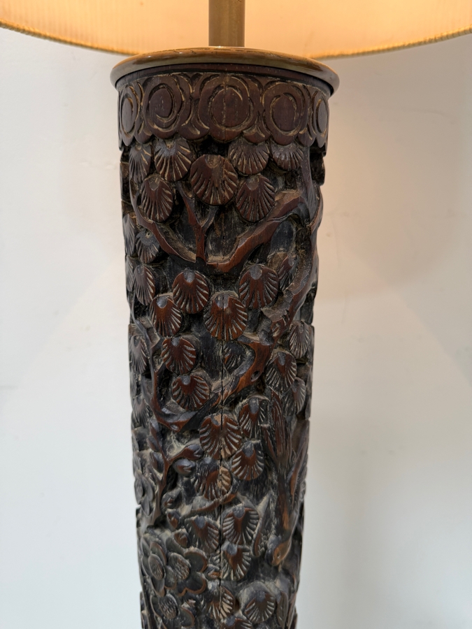 Just Added - Stunning Mid-Century Asian Hand Relief Carved Mahogany Wooden Floor Lamp Featuring Cranes And Butterflies With Original Silk Shade [Photo 5]