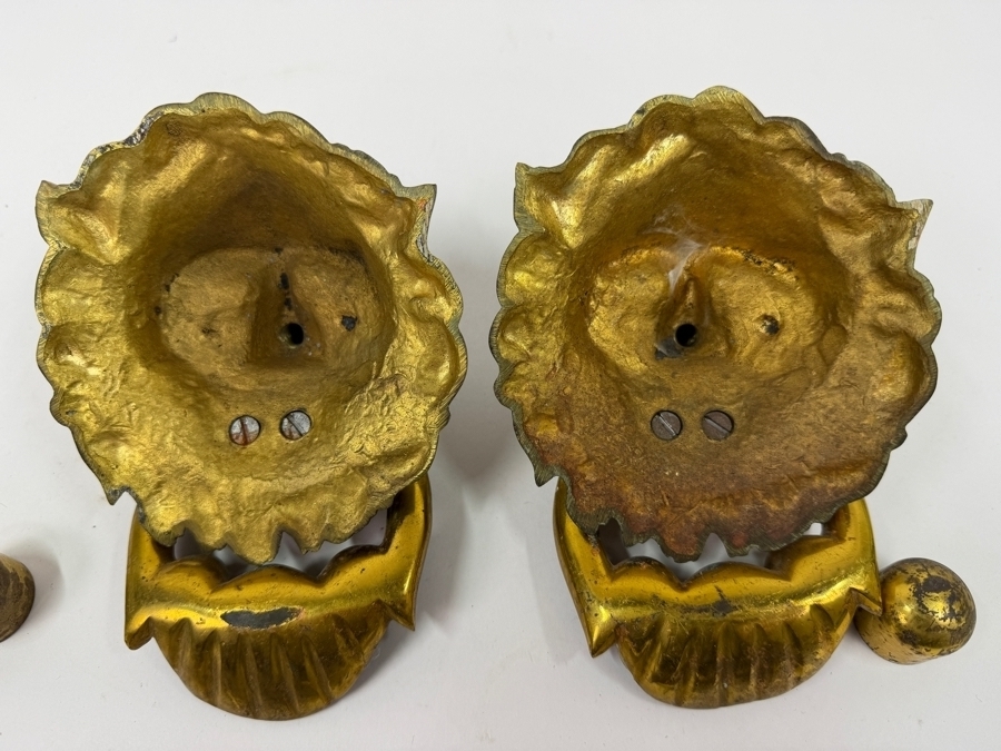 Just Added - Pair Of Vintage Gilt Brass Bronze Lion Head Door Knockers 4.5W X 6.5H X 2.5D [Photo 6]