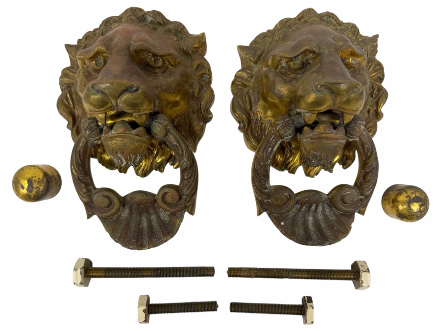 Just Added - Pair Of Vintage Gilt Brass Bronze Lion Head Door Knockers 4.5W X 6.5H X 2.5D