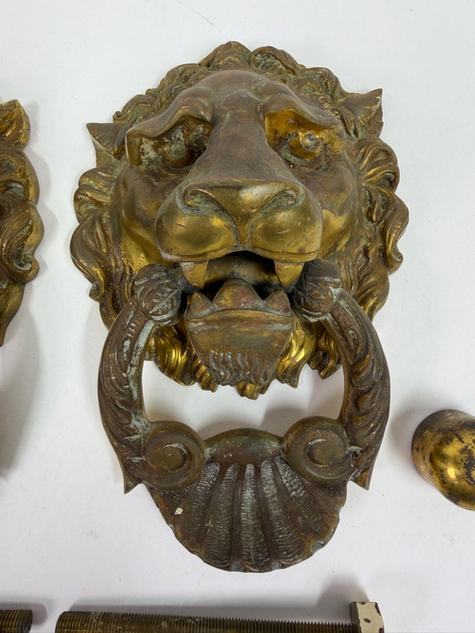 Just Added - Pair Of Vintage Gilt Brass Bronze Lion Head Door Knockers 4.5W X 6.5H X 2.5D [Photo 2]