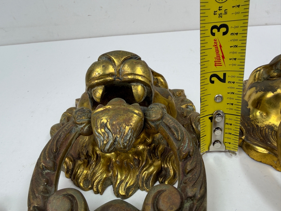 Just Added - Pair Of Vintage Gilt Brass Bronze Lion Head Door Knockers 4.5W X 6.5H X 2.5D [Photo 10]