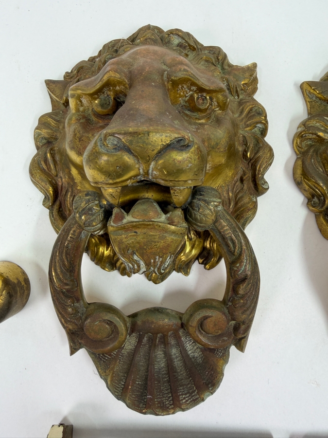 Just Added - Pair Of Vintage Gilt Brass Bronze Lion Head Door Knockers 4.5W X 6.5H X 2.5D [Photo 4]