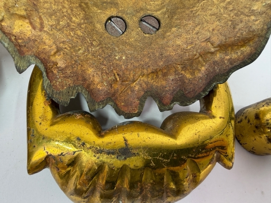 Just Added - Pair Of Vintage Gilt Brass Bronze Lion Head Door Knockers 4.5W X 6.5H X 2.5D [Photo 7]