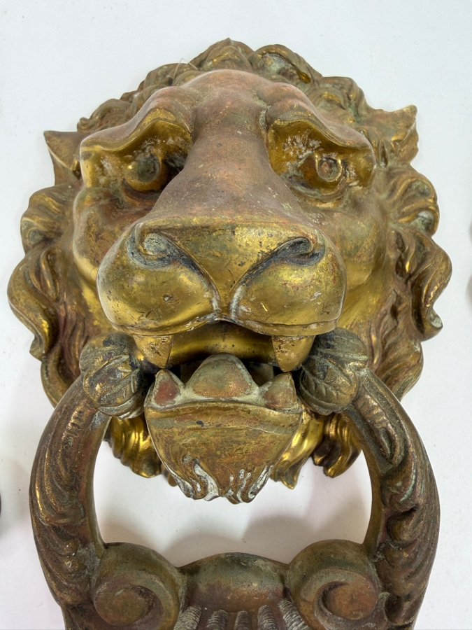 Just Added - Pair Of Vintage Gilt Brass Bronze Lion Head Door Knockers 4.5W X 6.5H X 2.5D [Photo 5]