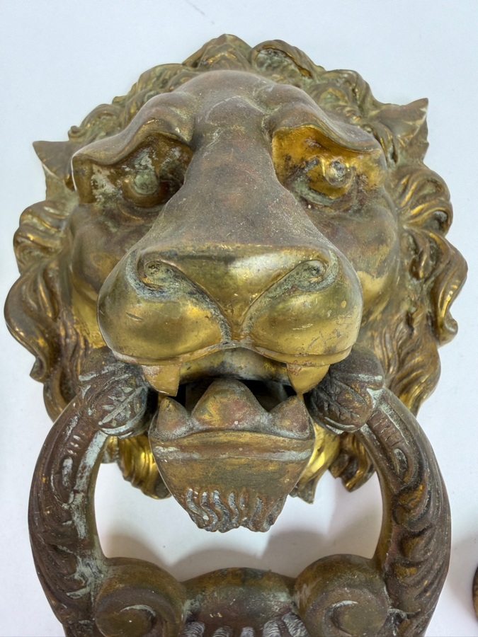 Just Added - Pair Of Vintage Gilt Brass Bronze Lion Head Door Knockers 4.5W X 6.5H X 2.5D [Photo 3]