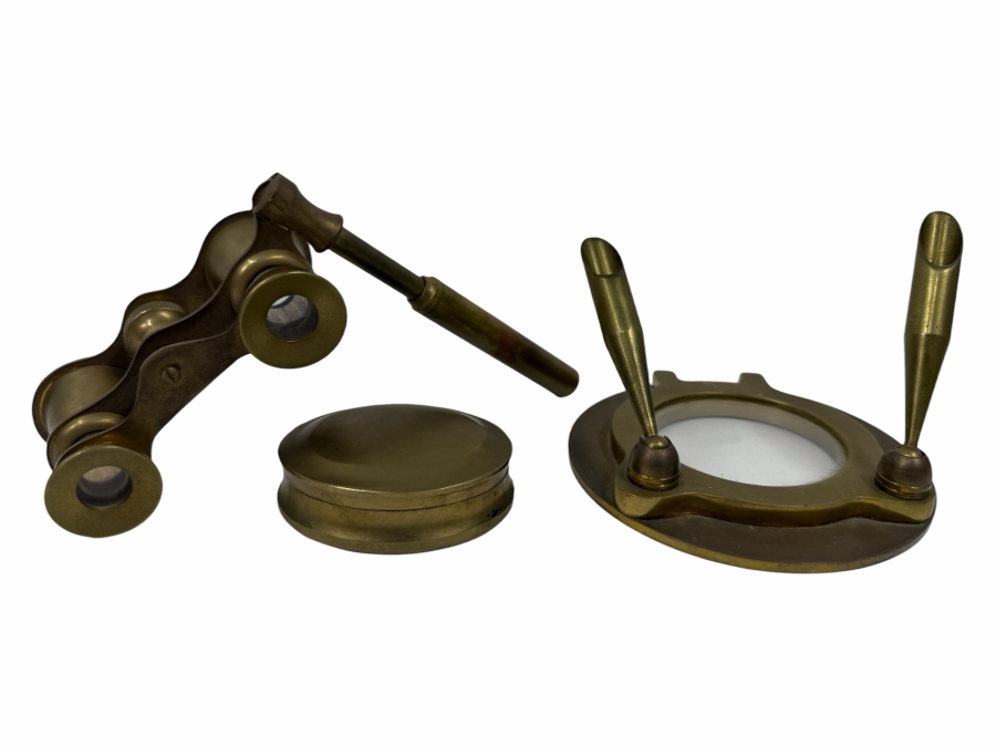 Just Added - Vintage Brass Lot Featuring Brass Opera Glasses, A Brass Ship's Porthole Style Pen Holder An Oval Brass Box