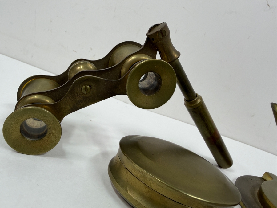 Just Added - Vintage Brass Lot Featuring Brass Opera Glasses, A Brass Ship's Porthole Style Pen Holder An Oval Brass Box [Photo 2]