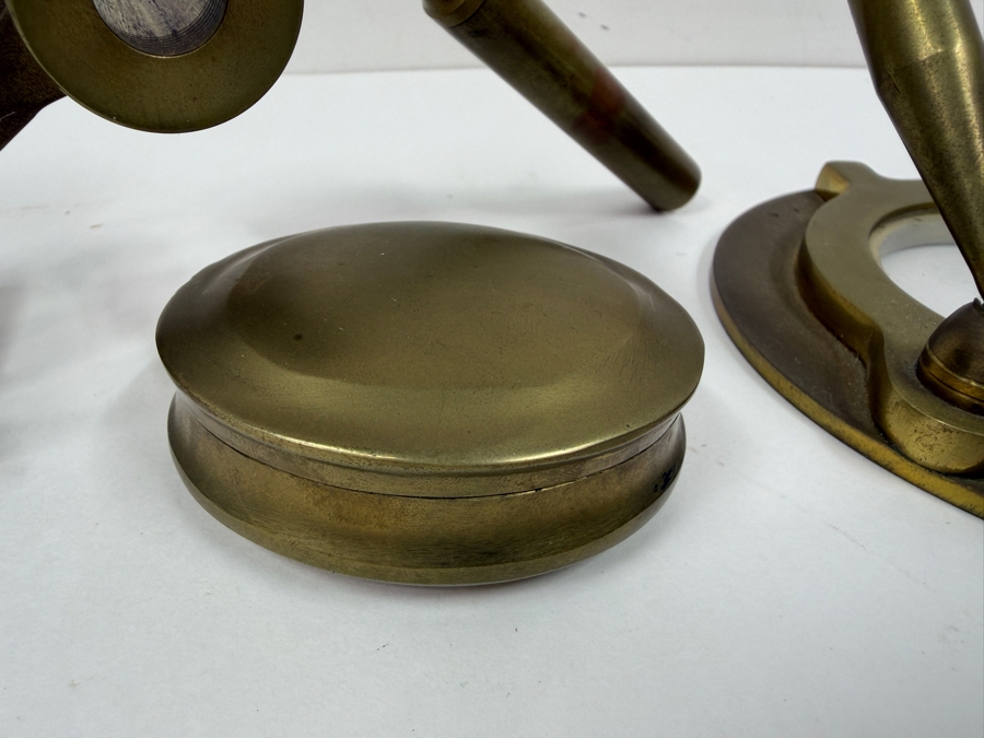 Just Added - Vintage Brass Lot Featuring Brass Opera Glasses, A Brass Ship's Porthole Style Pen Holder An Oval Brass Box [Photo 5]