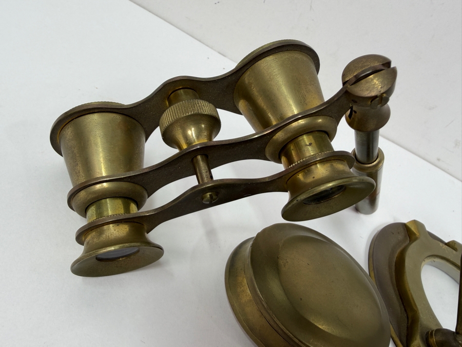 Just Added - Vintage Brass Lot Featuring Brass Opera Glasses, A Brass Ship's Porthole Style Pen Holder An Oval Brass Box [Photo 3]