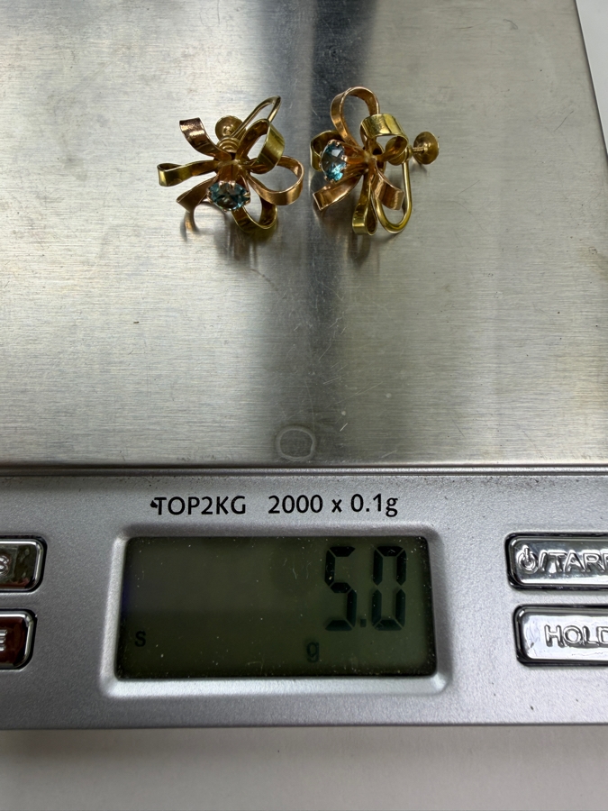 14k Gold Screw On Earrings With (2) 5mm Blue Topaz 5.0g Retails $1,800 [Photo 6]