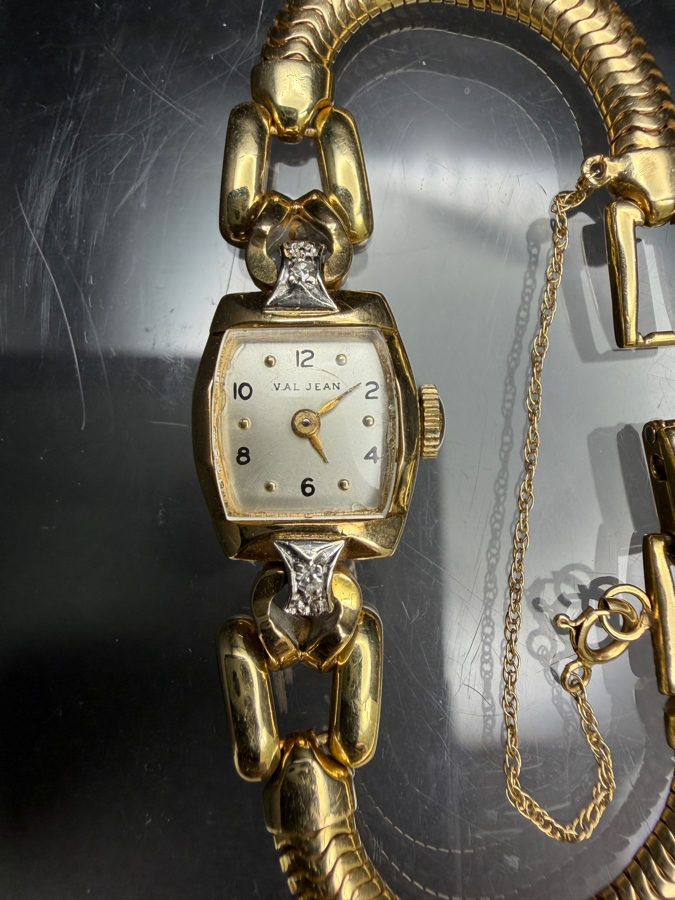 14k Gold 'Val Jean' Mechanical Watch With (2) 1.4mm Single Cut Diamonds 17 Jewels And 14k Gold Watch Band 21.9g Retails $6,400 [Photo 2]