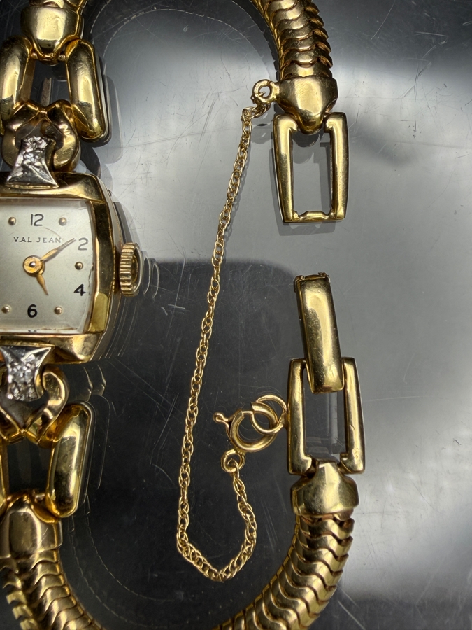 14k Gold 'Val Jean' Mechanical Watch With (2) 1.4mm Single Cut Diamonds 17 Jewels And 14k Gold Watch Band 21.9g Retails $6,400 [Photo 5]