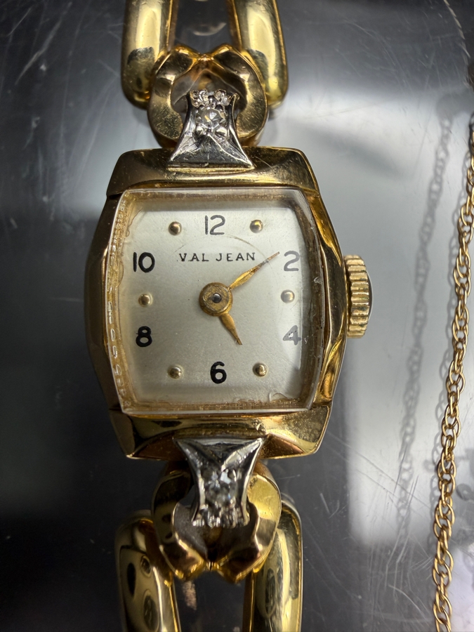 14k Gold 'Val Jean' Mechanical Watch With (2) 1.4mm Single Cut Diamonds 17 Jewels And 14k Gold Watch Band 21.9g Retails $6,400 [Photo 3]