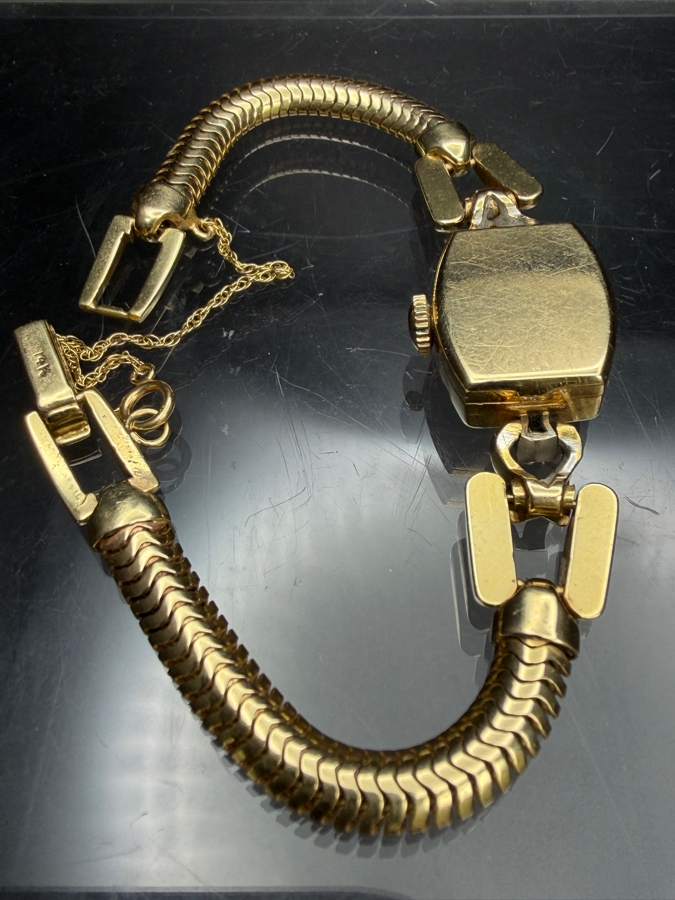 14k Gold 'Val Jean' Mechanical Watch With (2) 1.4mm Single Cut Diamonds 17 Jewels And 14k Gold Watch Band 21.9g Retails $6,400 [Photo 8]