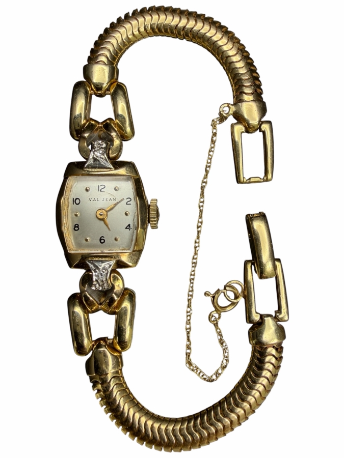 14k Gold 'Val Jean' Mechanical Watch With (2) 1.4mm Single Cut Diamonds 17 Jewels And 14k Gold Watch Band 21.9g Retails $6,400