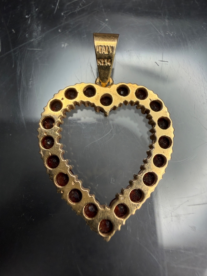 14k Gold Italian Heart Shape Pendant Accented With (20) 2.2mm Round Garnets 2.9g [Photo 3]