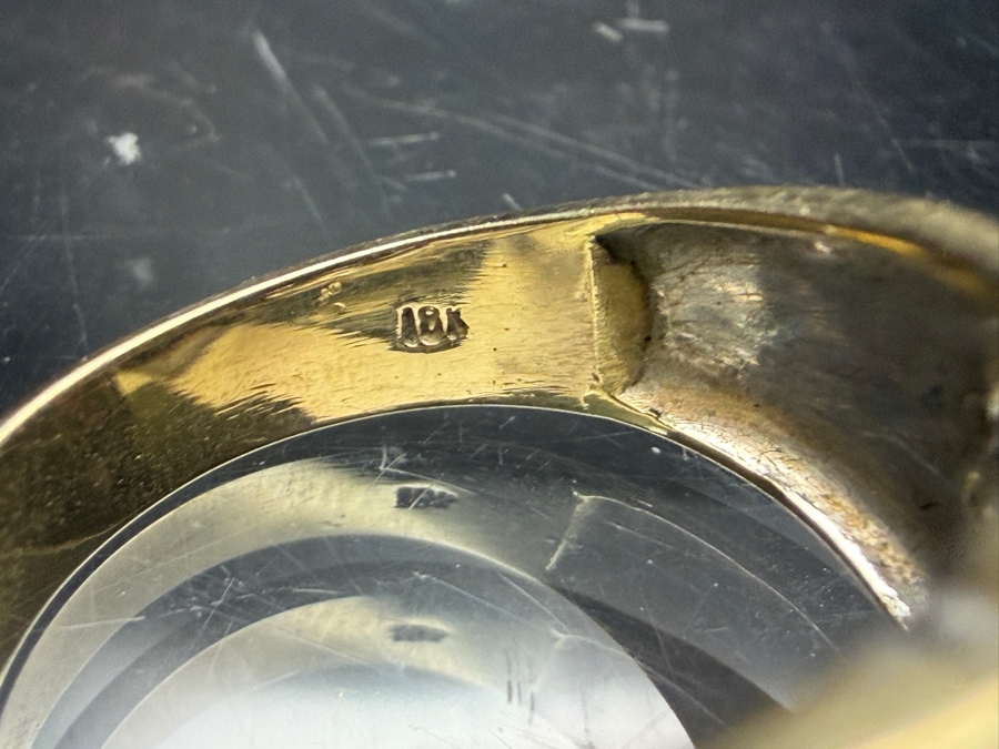 18k Gold Diamond Ring With (1) 1.8mm Round Brilliant (RB) Cut Diamond, (2) 1.5mm RB Diamonds And (10) .8mm RB Diamonds Est. .10cttw Size 7.75 7.0g Retails $3,600 [Photo 6]