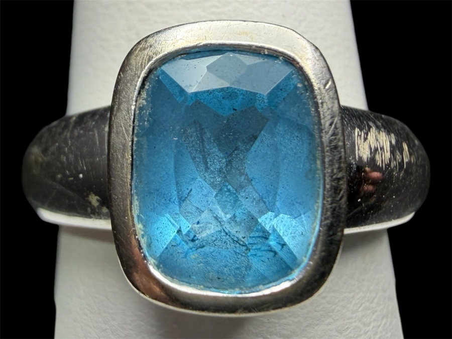 14k Gold 9x7mm Cushion Cut Swiss Blue Topaz Ring Size 7.5 6.4g Retails $2,200