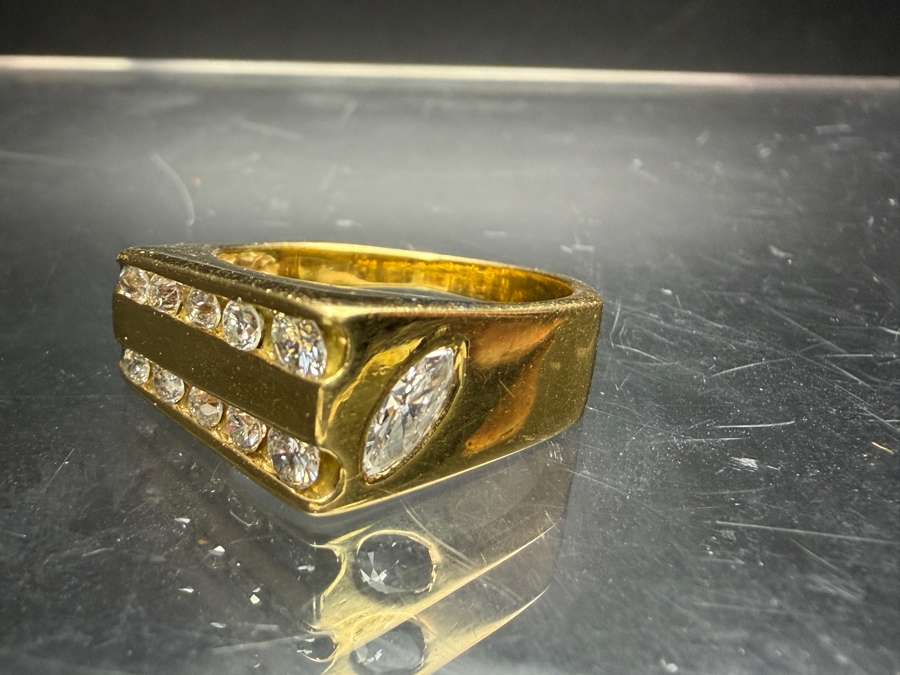 18k Gold Men's Diamond Ring With (1) 6x3mm Marquise Diamond, (2) 3mm Round Brilliant Cut (RBC) Diamonds, (2) 2.2mm RBC Diamonds, (4) 1.8mm RBC Diamonds And (2) 1.5mm RBC Diamonds Est. .90cttw Size 8.5 8.3g Retails $4,800 [Photo 8]