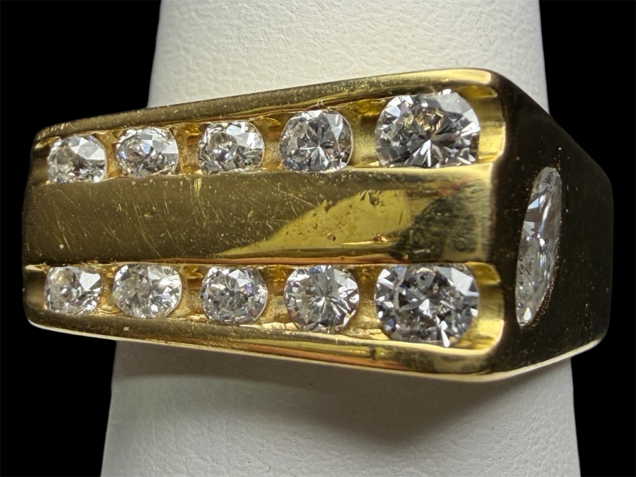 18k Gold Men's Diamond Ring With (1) 6x3mm Marquise Diamond, (2) 3mm Round Brilliant Cut (RBC) Diamonds, (2) 2.2mm RBC Diamonds, (4) 1.8mm RBC Diamonds And (2) 1.5mm RBC Diamonds Est. .90cttw Size 8.5 8.3g Retails $4,800