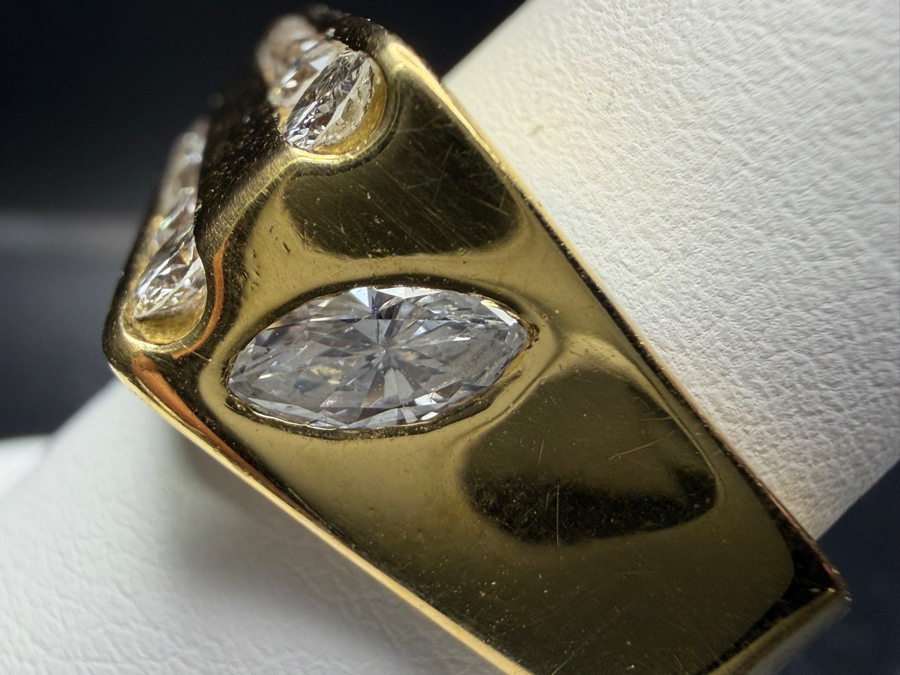 18k Gold Men's Diamond Ring With (1) 6x3mm Marquise Diamond, (2) 3mm Round Brilliant Cut (RBC) Diamonds, (2) 2.2mm RBC Diamonds, (4) 1.8mm RBC Diamonds And (2) 1.5mm RBC Diamonds Est. .90cttw Size 8.5 8.3g Retails $4,800 [Photo 6]