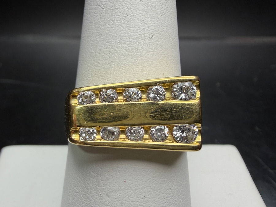 18k Gold Men's Diamond Ring With (1) 6x3mm Marquise Diamond, (2) 3mm Round Brilliant Cut (RBC) Diamonds, (2) 2.2mm RBC Diamonds, (4) 1.8mm RBC Diamonds And (2) 1.5mm RBC Diamonds Est. .90cttw Size 8.5 8.3g Retails $4,800 [Photo 3]