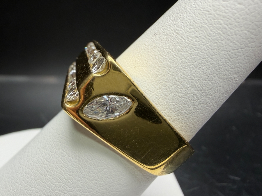 18k Gold Men's Diamond Ring With (1) 6x3mm Marquise Diamond, (2) 3mm Round Brilliant Cut (RBC) Diamonds, (2) 2.2mm RBC Diamonds, (4) 1.8mm RBC Diamonds And (2) 1.5mm RBC Diamonds Est. .90cttw Size 8.5 8.3g Retails $4,800 [Photo 5]