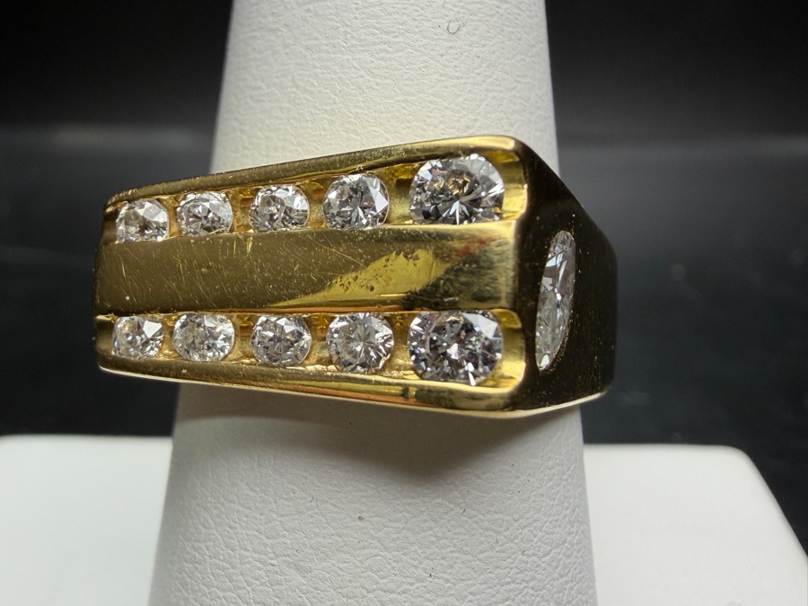 18k Gold Men's Diamond Ring With (1) 6x3mm Marquise Diamond, (2) 3mm Round Brilliant Cut (RBC) Diamonds, (2) 2.2mm RBC Diamonds, (4) 1.8mm RBC Diamonds And (2) 1.5mm RBC Diamonds Est. .90cttw Size 8.5 8.3g Retails $4,800 [Photo 2]