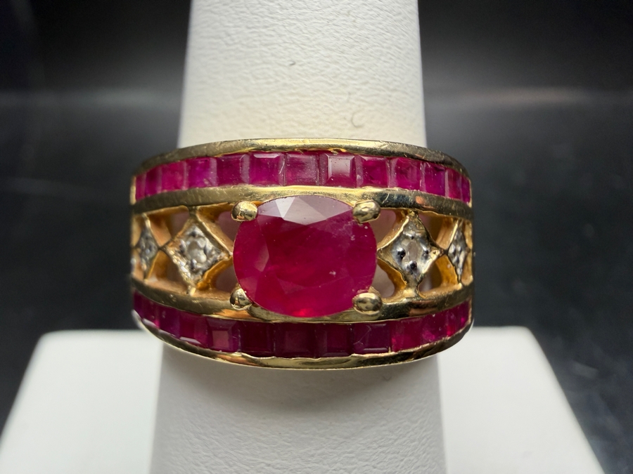 14k Gold Ruby/Diamond Ring Featuring A 6x5mm Oval Ruby, (26) 1.5x1.5mm Princess Rubies And (4) 1.2mm Round Diamonds Size 7.5 5.6g Retails $2,600 [Photo 2]