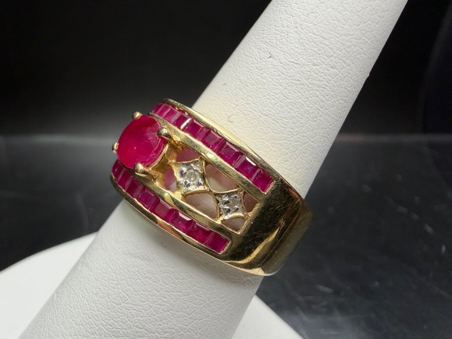14k Gold Ruby/Diamond Ring Featuring A 6x5mm Oval Ruby, (26) 1.5x1.5mm Princess Rubies And (4) 1.2mm Round Diamonds Size 7.5 5.6g Retails $2,600 [Photo 4]