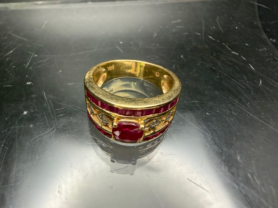 14k Gold Ruby/Diamond Ring Featuring A 6x5mm Oval Ruby, (26) 1.5x1.5mm Princess Rubies And (4) 1.2mm Round Diamonds Size 7.5 5.6g Retails $2,600 [Photo 5]